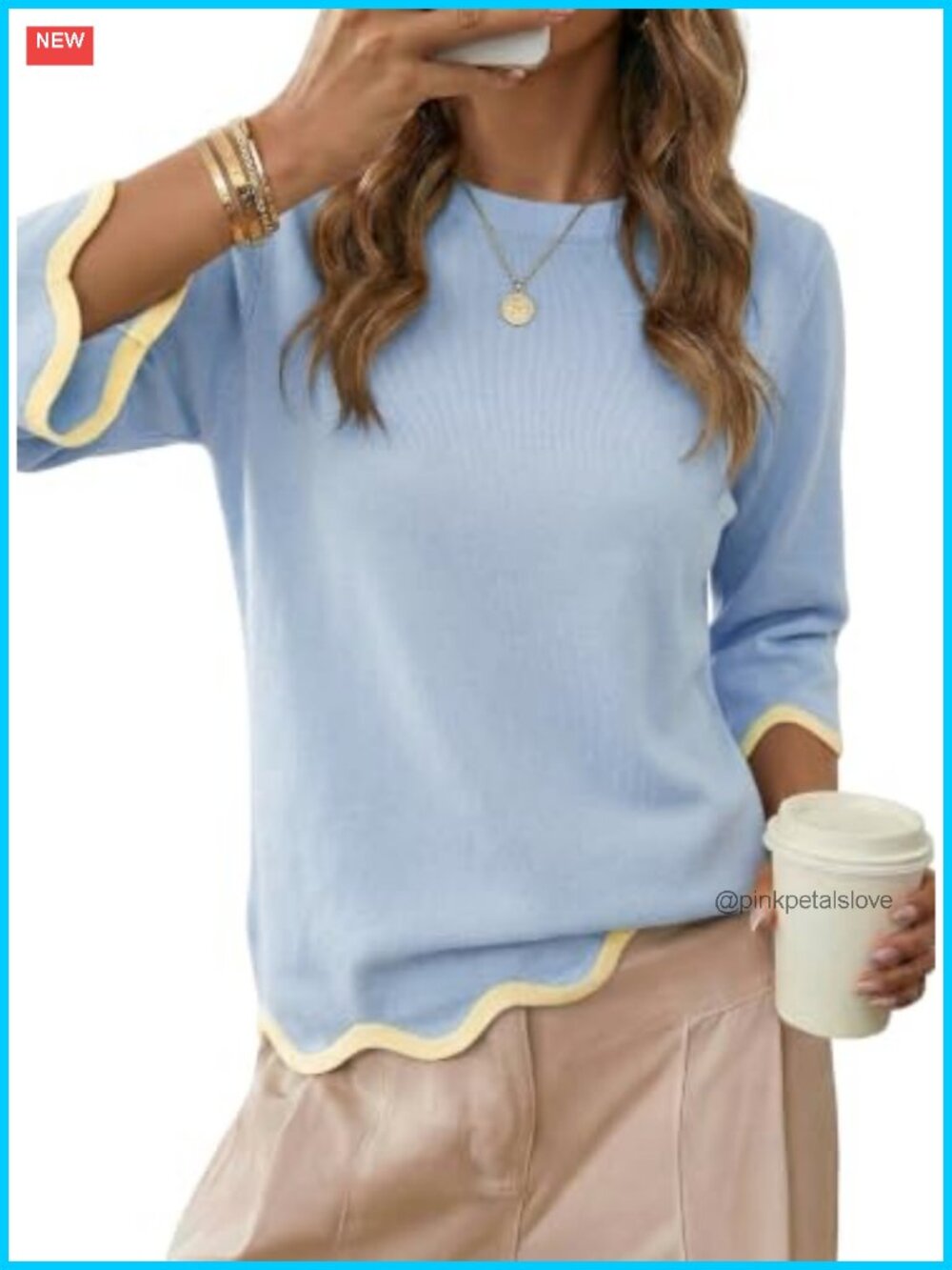 Wool Blend Sweater Pullover 3/4 Sleeve Scalloped Trim Relaxed Fit